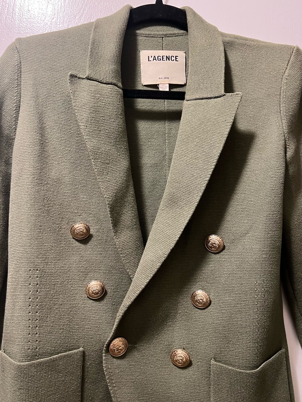 L'AGENCE Kenzie Knit Double-Breasted Blazer, Olive Color, Size Small - Picture 7 of 10